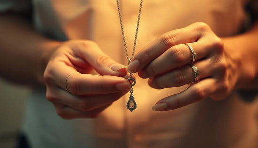 Person demonstrating necklace repair tips by adjusting a pendant on a delicate chain