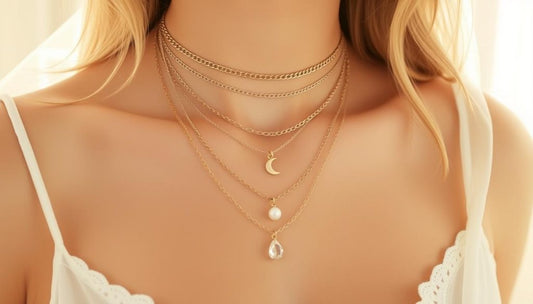 Elegant layered necklaces showcasing top jewelry trends for summer in a sunny setting