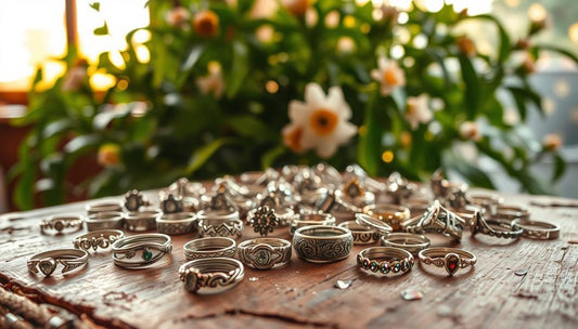 Collection of unique silver rings for festivals displayed on a rustic wooden surface with a floral backdrop