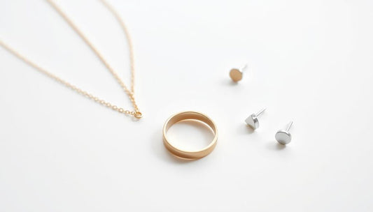 Minimalist Gold Silver Jewelry Trends featuring a gold necklace, silver earrings, and a sleek gold ring