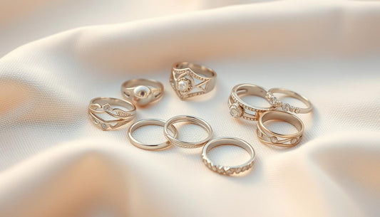 Handcrafted sterling silver rings displayed on a soft fabric showcasing their unique designs