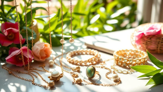 Vibrant jewelry styling tips outfits-for summer displayed with floral backdrop and elegant pieces