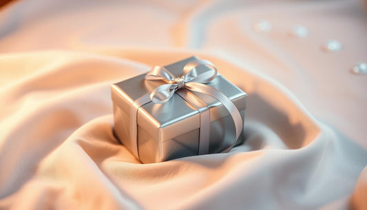 Elegant gift wrapped in silver ribbon on soft fabric for silver rings for anniversaries