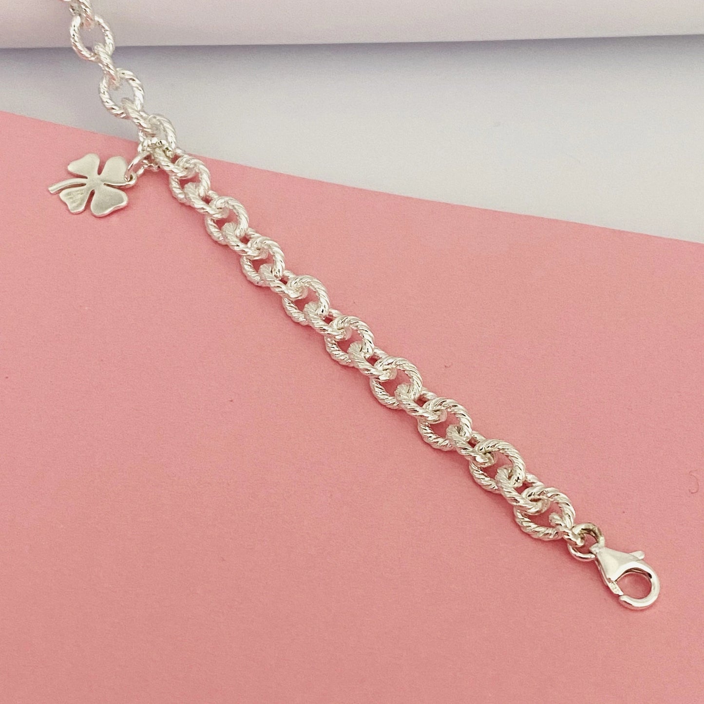 Luisana Jewelry lucky you bracelet featuring a silver chain and four-leaf clover charm for good luck