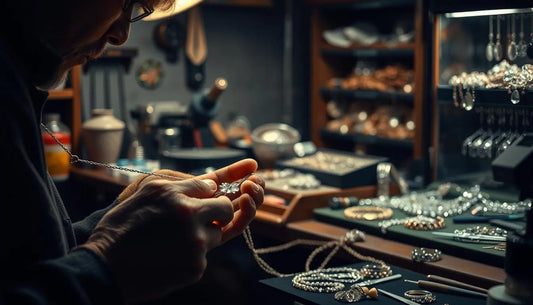 Jewelry repair expert assessing a detailed necklace, highlighting the benefits of repairing jewelry