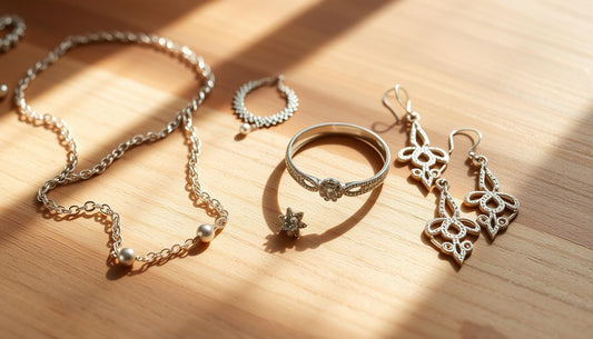 Jewelry maintenance tips for preserving silver necklaces, rings, and earrings on a wooden surface
