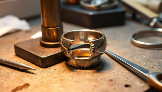 Ring soldering in Montreal with tools and a broken jewelry band on a workbench ready for repair