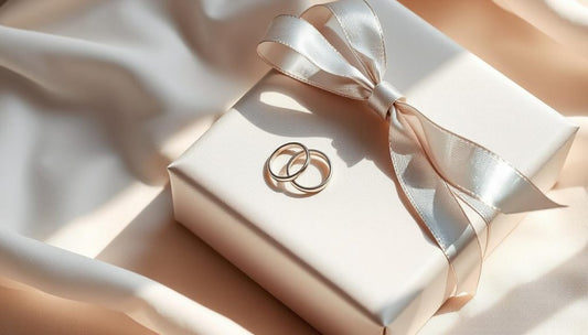 Handcrafted silver rings for engagements on a beautifully wrapped gift box with a ribbon