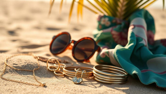 Colorful jewelry and sunglasses on the beach showcasing layering techniques jewelry styling for summer