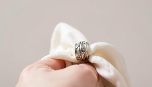 Hand holding a stylish sustainable silver ring brands design displayed on a white fabric
