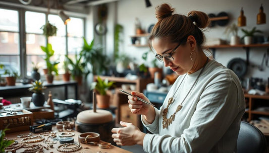 Specialist performing Vintage Jewelry Repair in Montreal surrounded by tools and beautiful jewelry pieces