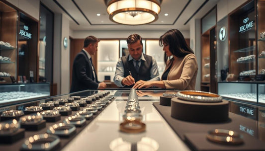 Jewelry store interior showcasing a ring resizing consultation in Montreal with professionals assisting customers
