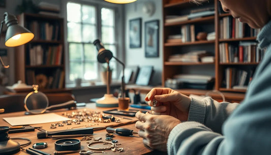 Craftsman following DIY Jewelry Repair steps at a workspace filled with tools and jewelry supplies