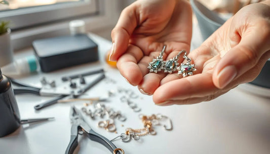 Hands holding fixed earrings with tools and supplies in the background from the Earring Repair Guide