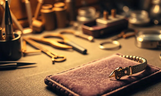Crafting tools and a purple cloth with a broken bracelet, illustrating how to fix a broken bracelet.