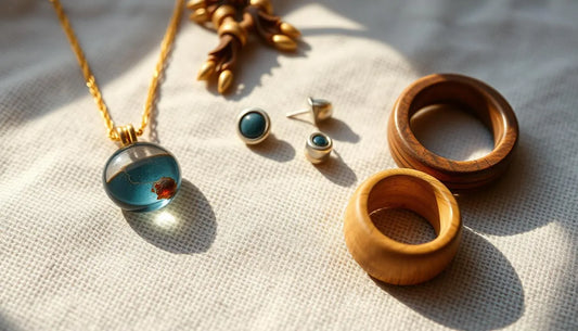 Collection of handmade jewelry sustainable featuring unique necklaces, earrings, and wooden rings
