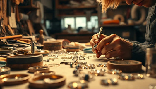 Artisan crafting handmade jewelry on a workbench with various tools and materials for handmade-jewelry-vs-repaired