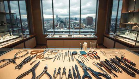 Workstation with tools for Jewelry Repair Costs in Montreal overlooking a cityscape