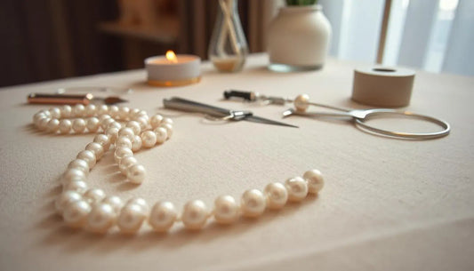 Pearl Restringing tools and a beautiful strand of pearls on a table ready for the restringing process