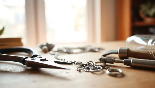 Tools for repairing custom jewelry arranged on a wooden table for DIY repairs