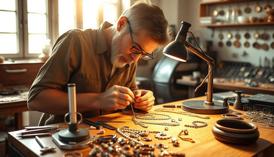 Jewelry repair expert skillfully working on intricate pieces at a well-lit workshop, illustrating what exactly is jewelry repair.