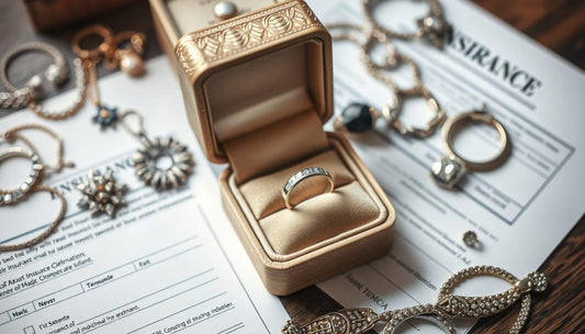 Elegant ring showcased in a box with various jewelry pieces and insurance forms for ring repair Montreal