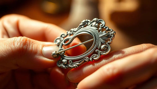 How to Repair a Vintage Brooch or Pin while holding an ornate silver brooch in hands