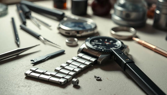 Watch bracelet repair tools and a disassembled watch on a workshop table for effective maintenance