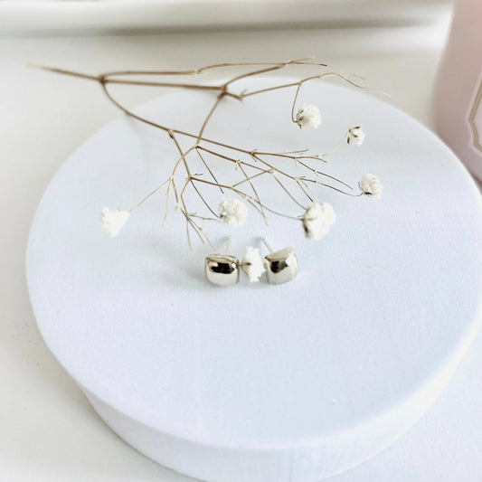 Luisana Jewelry Candy Studs Earrings in Silver on a White Surface with Dried Flowers