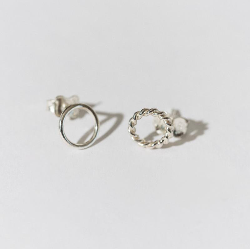 Luisana Jewelry Carly Studs featuring a minimalist circle and twisted design in silver