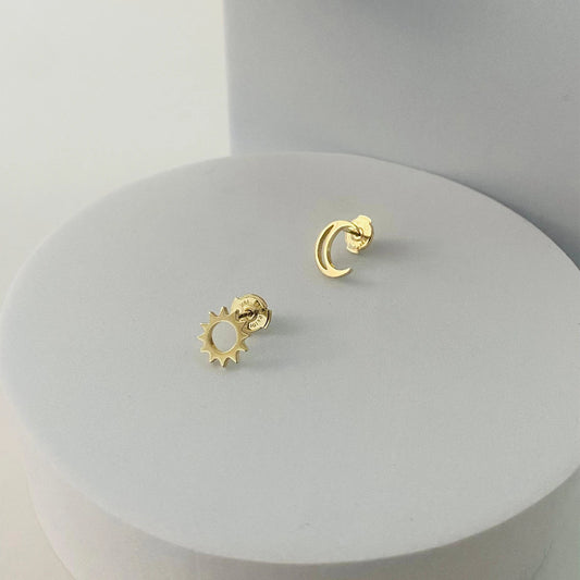Luisana Jewelry Celestial Studs featuring a sun and crescent moon design in gold