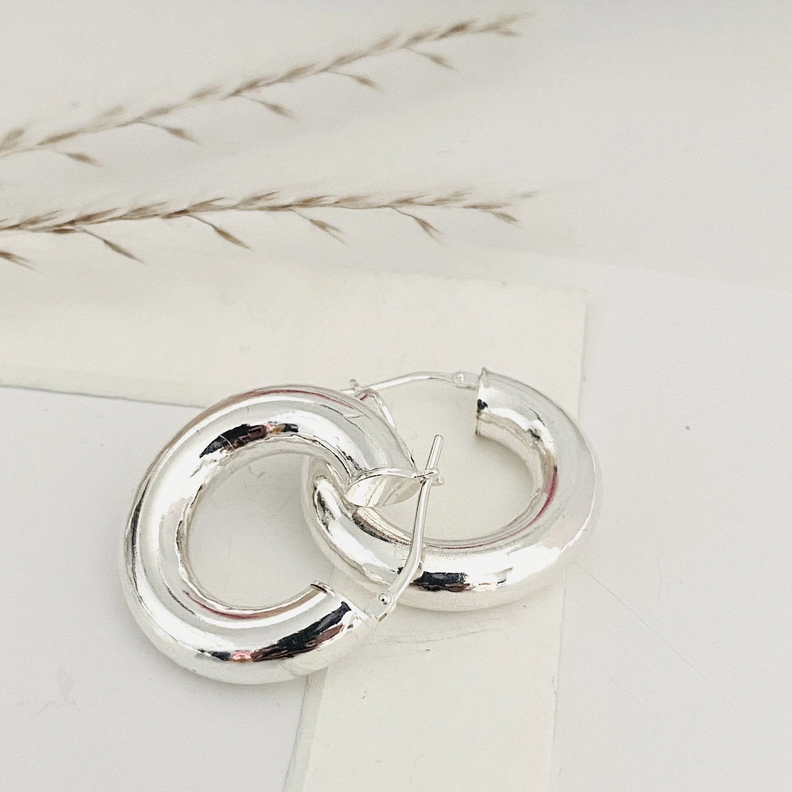 Sterling silver Ellen Hoops earrings with a polished finish for an elegant look