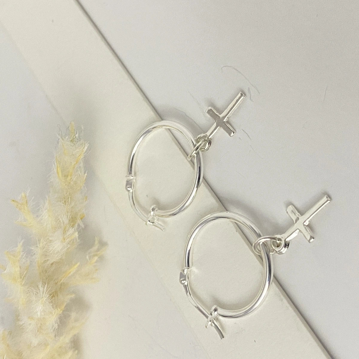 Luisana Jewelry Faith Hoops Earrings with Cross Design in Elegant Silver Finish