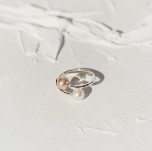 Florencia Ring by Luisana Jewelry featuring two elegant pearls in a modern design