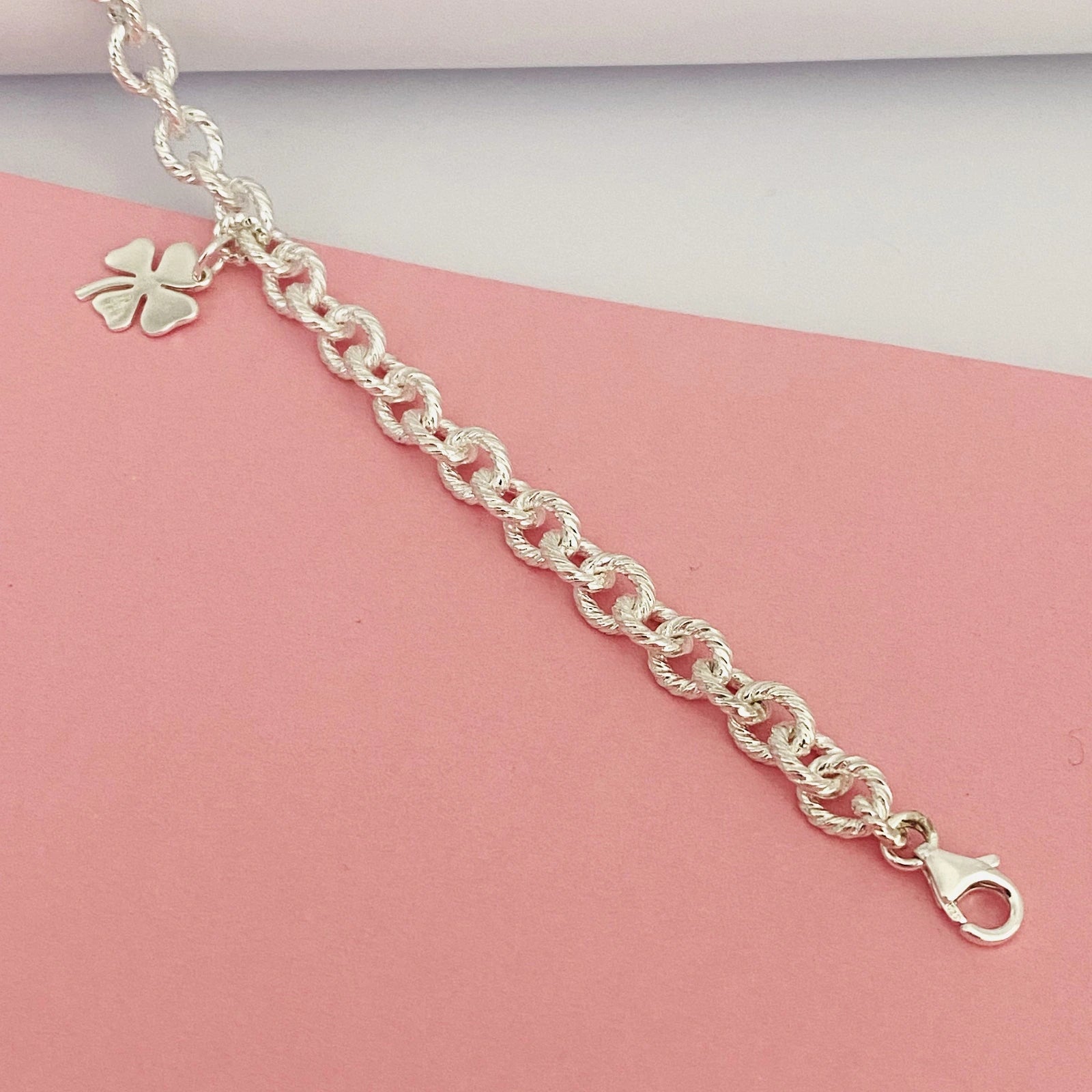 Luisana Jewelry lucky you bracelet featuring a silver chain and four-leaf clover charm for good luck