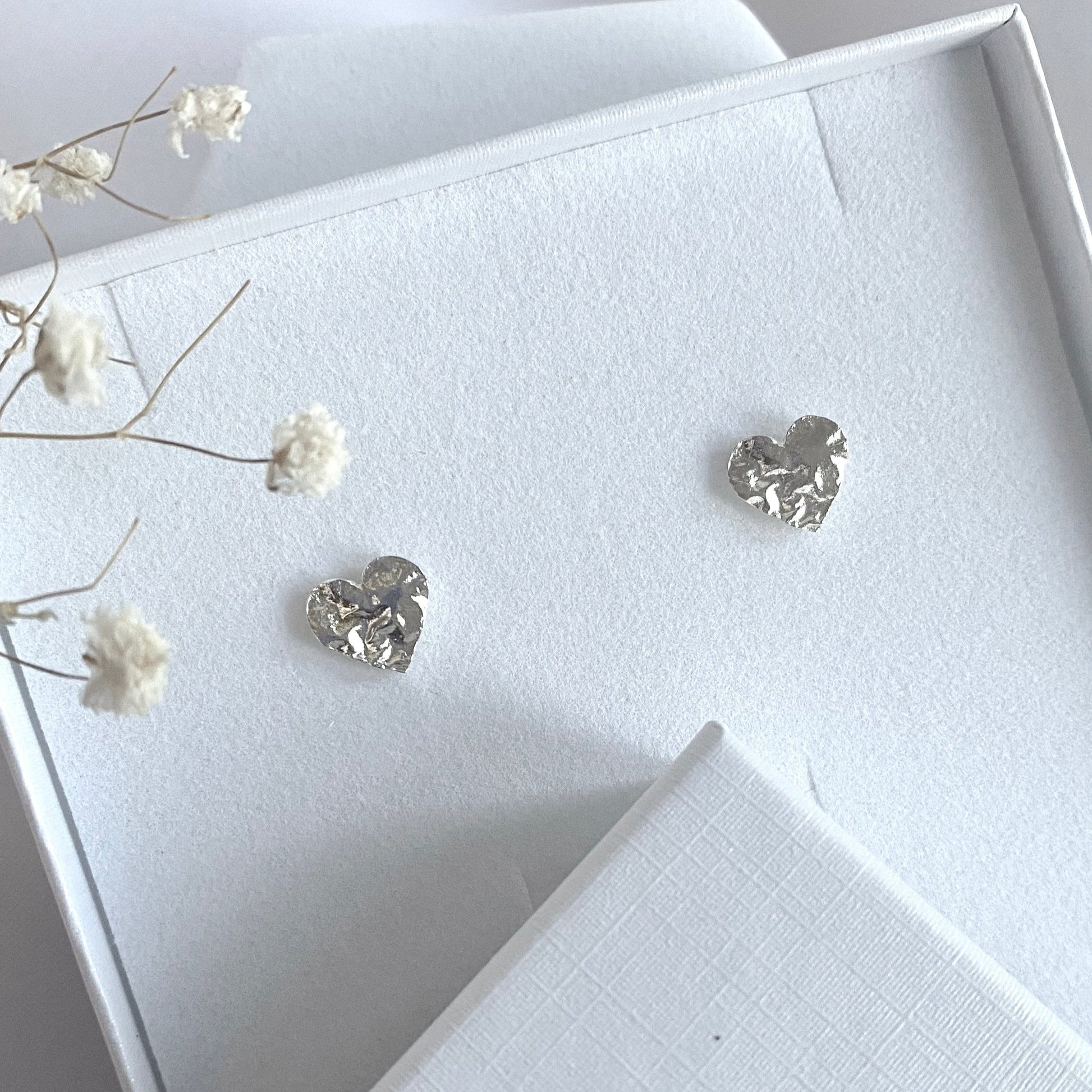 Luly Studs Heart-Shaped Silver Earrings Presented in Elegant Gift Box with Floral Accents