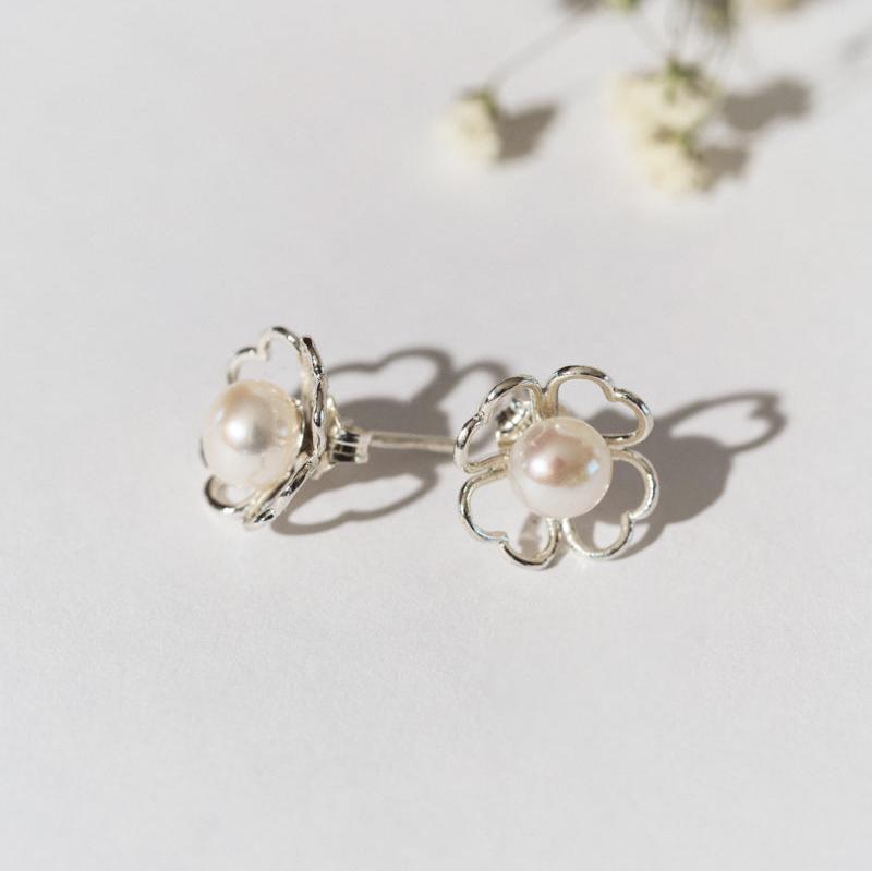 Luisana Jewelry Rose Earrings with silver floral design and pearl centerpiece for elegant style