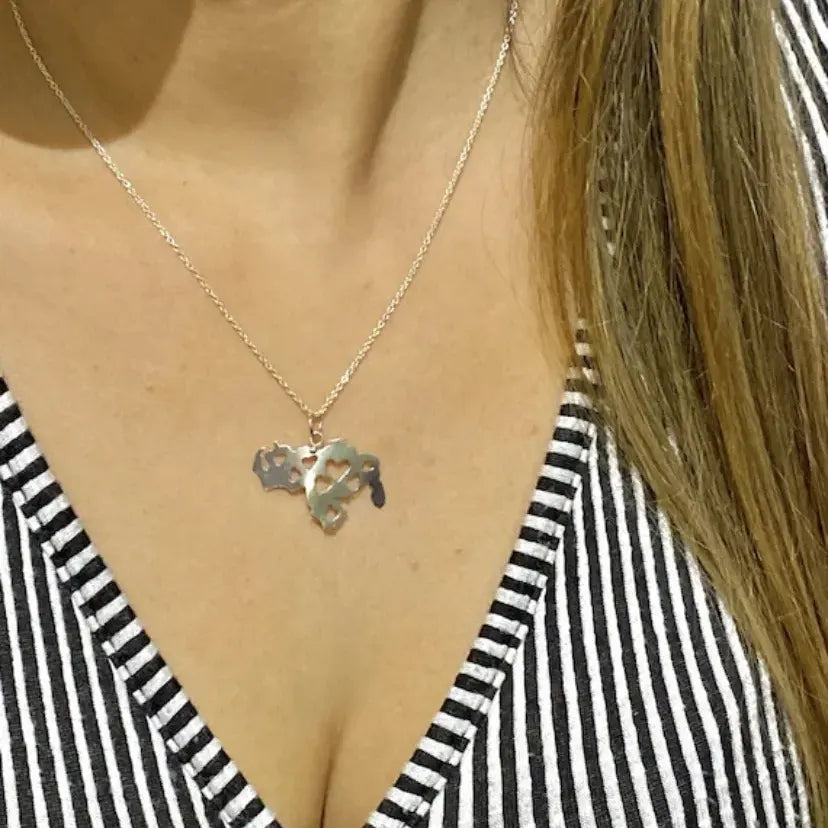 Venezuela Necklace Hearts in silver featuring a heart-shaped map pendant worn on a model