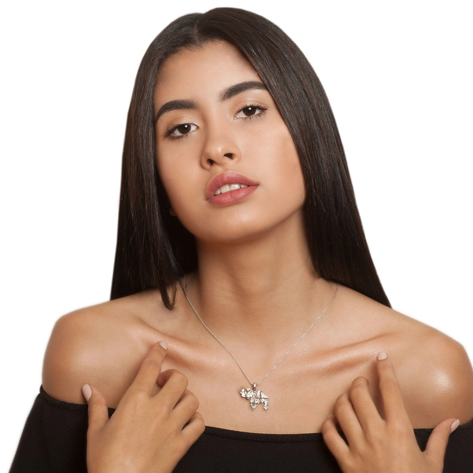 Elegant model wearing a Venezuela Necklace Roots with a delicate design showcasing national pride